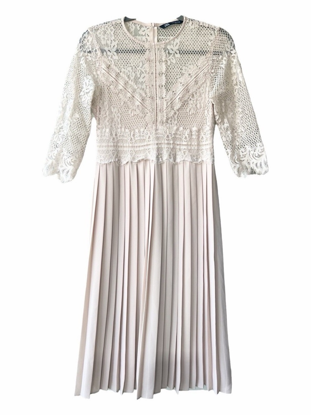 Zara Womens Cream Blush Lace Overlay Pleated Midi Dress